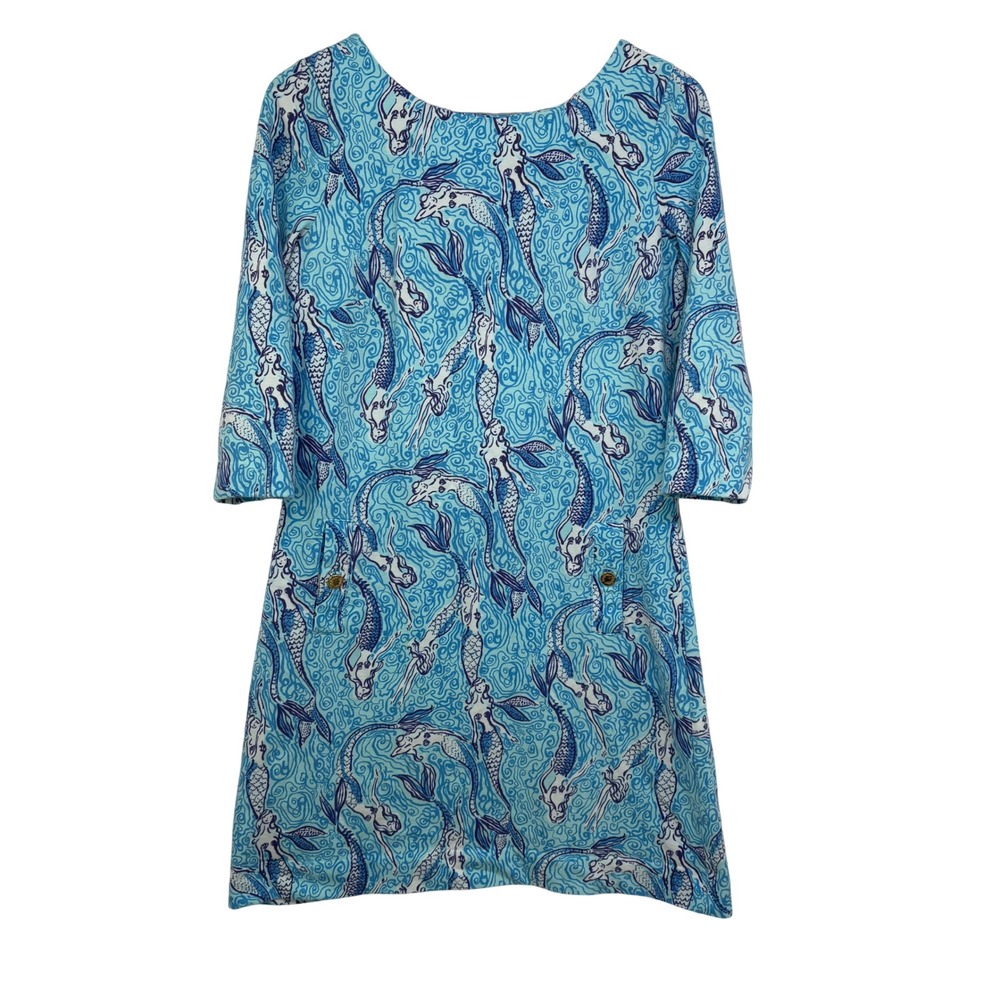 Lilly Pulitzer Mermaid Print Charlene Shift Dress Gold Button Pockets Resort